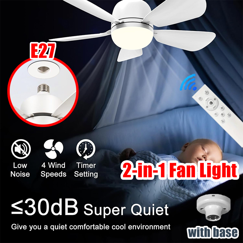 Smart Bathroom Fan - 16 นิ้ว 2-in-1 เพดานพัดลมรีโมทคอนโทรลพัดลมไฟหรี่แสงได้ E27 ซ็อกเก็ตห้องนอนห้องนั่งเล่นห้องครัวห้องน้ํา