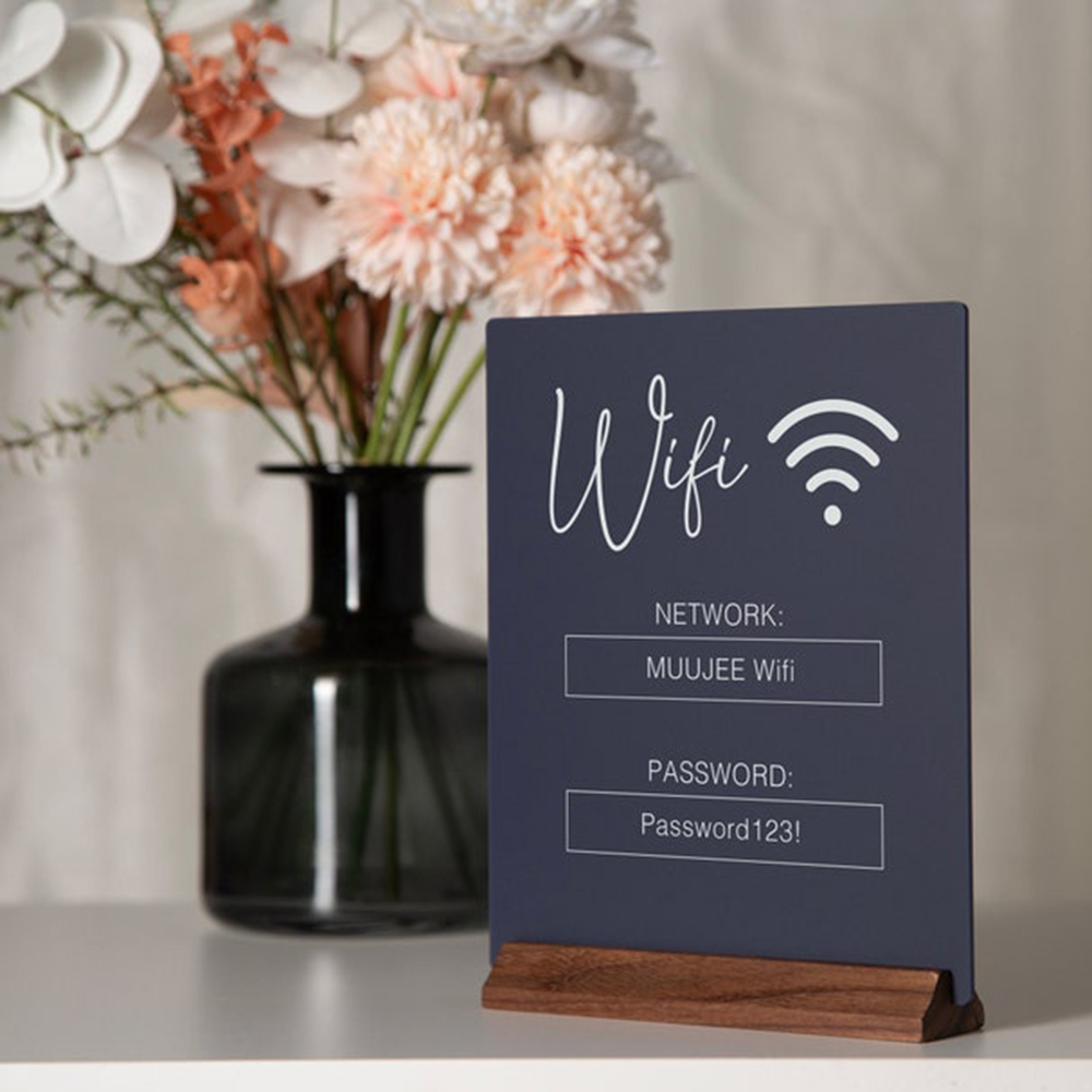 Airbnb Smart Home - ป้ายอะคริลิคพร้อมฐานไม้สำหรับสแกนคิวอาร์โค้ดเพื่อเชื่อมต่อไวไฟ ป้ายโฆษณาสำหรับบ้าน ร้านเช่าที่พัก ร้านเสริมสวย สปา ธุรกิจขนาดเล็ก